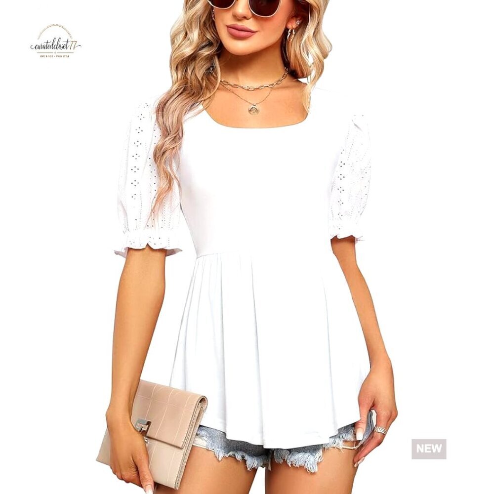 Puff Sleeve Peplum Tunic Blouse Flowy Square Neck Casual Top